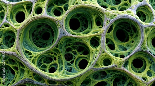 Intricate vibrant green organic fractal network with porous interconnected cellular structures
