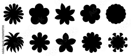 Set of flower inflorescences. Silhouette. Vector illustration. Chamomile, violet, lily, gerbera, lush bud, chrysanthemum, cornflower, narcissus. Isolated white background. Idea for web design.