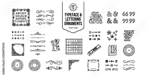 Typeface Lettering Ornament Outline Set Flourish Swash Drop Cap Ampersand Ornate Divider Dingbats Letterpress 20 Icons Editable Strokes