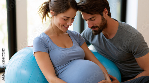 Pregnant couple sitting on sofa looking at pregnant belly
