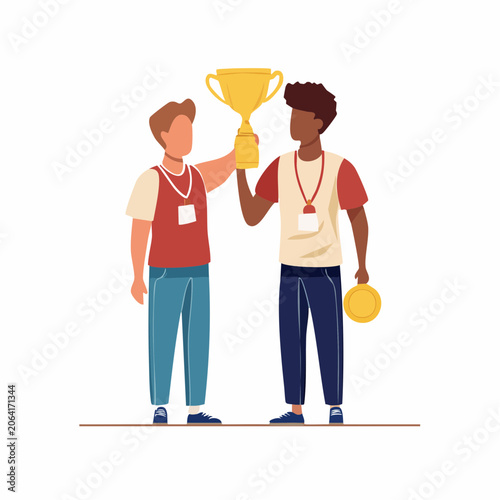 Two people holding a trophy and a medal
