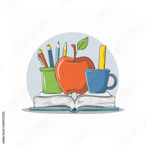 Flat illustration of school supplies on a book