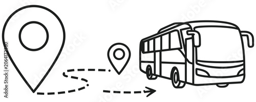 Modern bus travel route navigation icon set with location pin markers art.