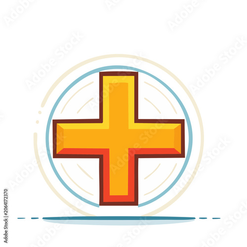 Orange and yellow plus sign icon with blue circle outline