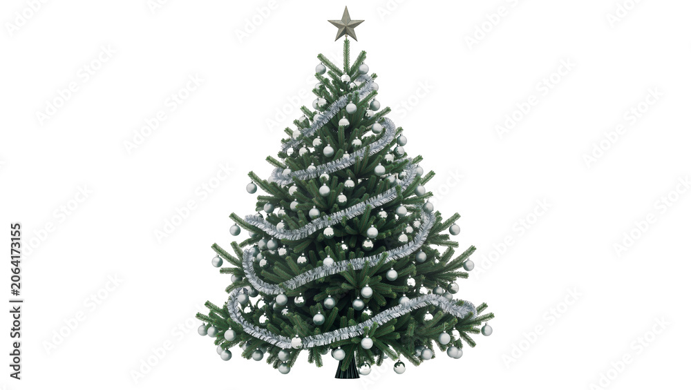 Fototapeta premium Decorated Christmas Tree with Silver Ornaments and Star Topper