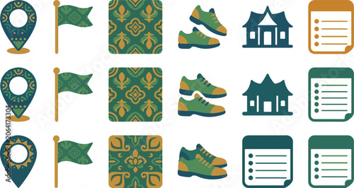 Flat design icons set location flag pattern house and list