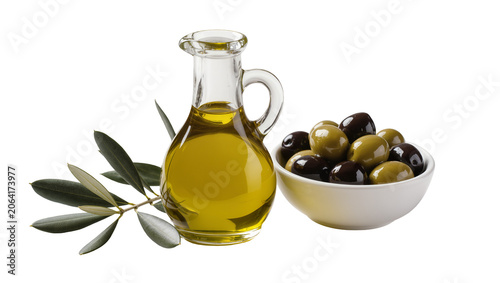 Εκτύπωση καμβά Glass cruet with olive oil and bowl of black and green olives with leaves
