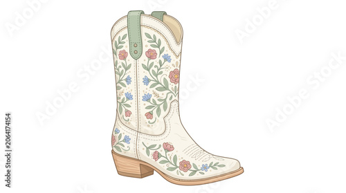 A white cowboy boot with floral embroidery featuring pink and blue flowers with green leaves on a plain white background.