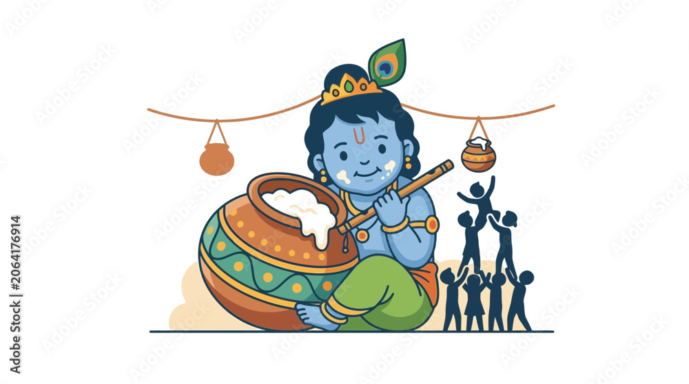 Fototapeta premium Little Krishna Eating Butter Pot Dahi Handi Illustration