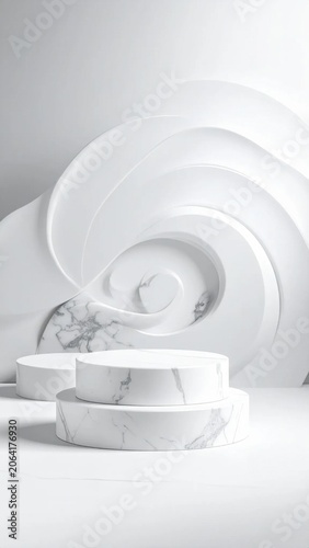 Empty white marble podium display stand with swirl backdrop for product presentation, luxury cosmetic stage, stone texture, stage platform