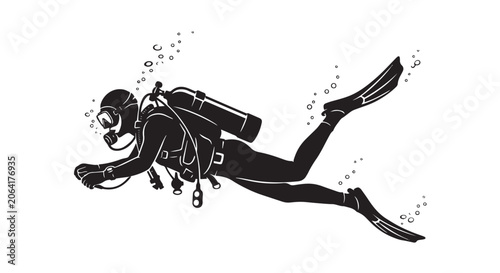 Schilderij op canvas Premium black and white vector silhouette of a scuba diver swimming diagonally d