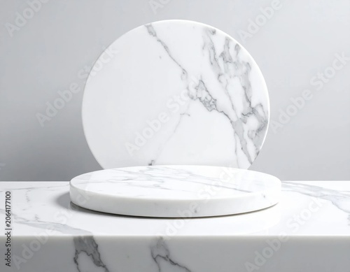 Round white marble podium stage for product display with marble backdrop, elegant stone surface for cosmetics, jewelry, luxury branding