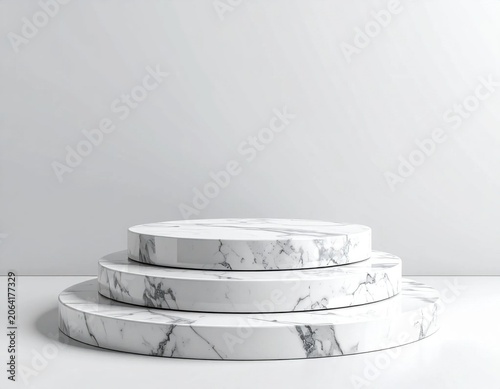 Three tiered white marble pedestal display stage for product presentation, luxury stone texture