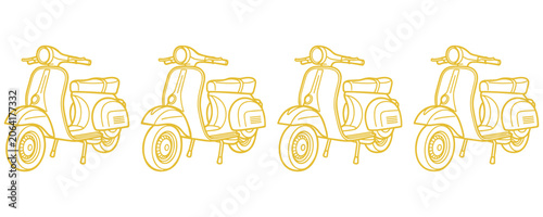 Row of four vintage yellow scooter outlines on a white background, transportation.