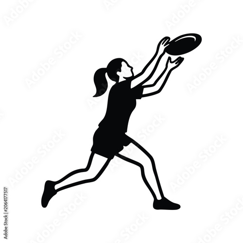 Female athlete catching flying disc vector illustration. Woman playing ultimate frisbee. Minimalist black and white sports graphic isolated on transparent background