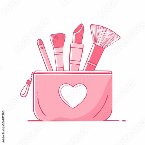 Pink makeup bag with brushes and lipstick, heart design