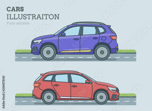Cars Illustration. Commerical and private transportation vehicle mobile. Isolated vector concept. Fully editable.