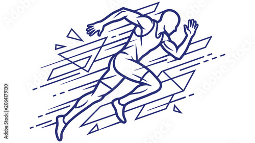 Athlete runner sprinting on track with speed lines and geometric shapes.