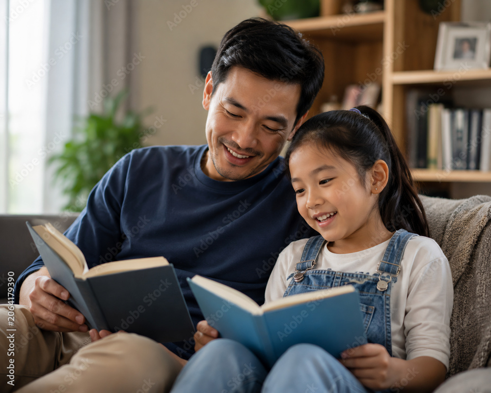 Obraz premium Father and Daughter Reading Books Together at Home