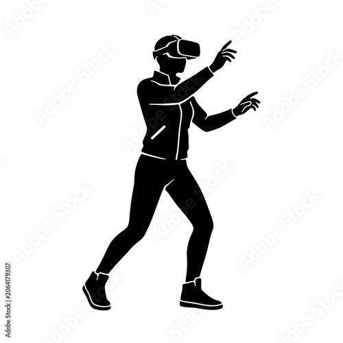 Person wearing virtual reality headset and gesturing in a digital world.