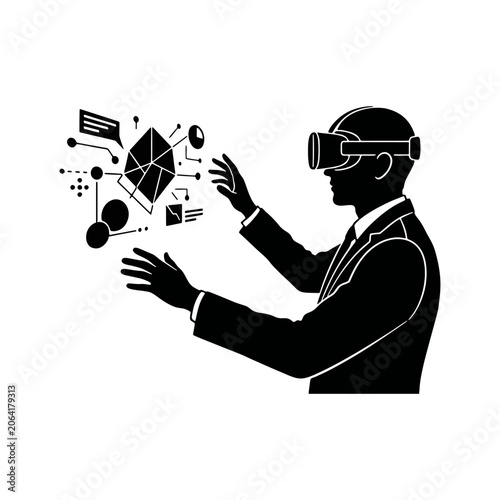 Man in virtual reality headset interacting with digital data and futuristic interface