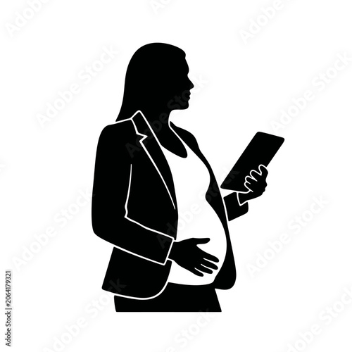 Pregnant businesswoman in silhouette holding a tablet, representing work and new beginnings