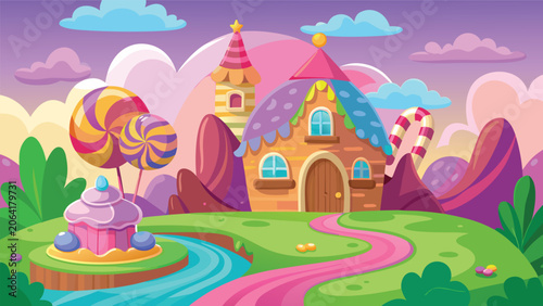 Whimsical candy land illustration with lollipop trees and a sweet house during daytime