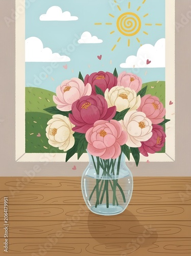 Peonies Bouquet in Vase by Window Flat Illustration