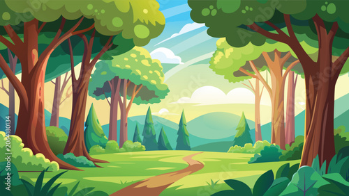 Fotografi Vibrant forest path bathed in warm sunlight during a clear day with lush green f