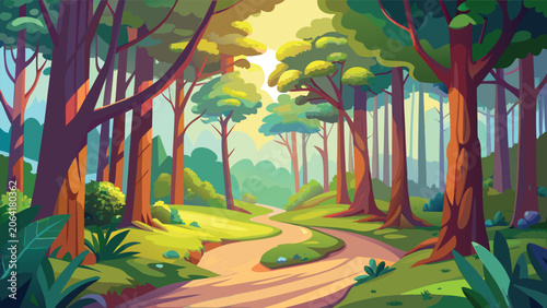 Vector a winding forest path bathed in warm sunlight during a peaceful morning