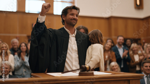 Adoption finalization moment in family courtroom with elated adoptive parents holding young child before smiling judge who raises gavel above official adoption decree with clerk