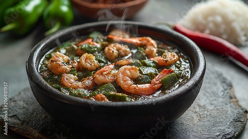 A steaming dark clay bowl with sauce gombo, thick, slightly viscous dark green okra sauce with visible fresh fish and shrimp pieces