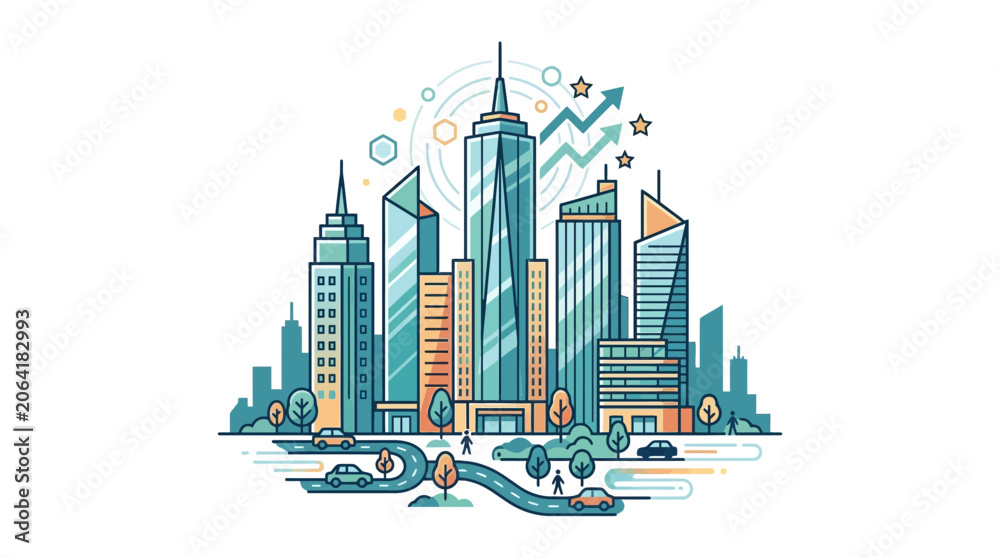 Fototapeta premium Modern Cityscape Skyline with Growth Arrows and Business Architecture