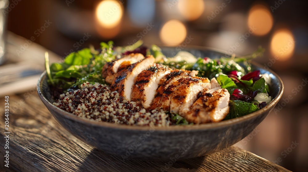 Obraz premium A rustic wooden table featuring a protein bowl with grilled chicken, greens, and grains under warm lighting