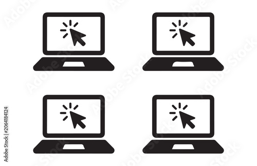 Collection of laptop computer icons showing clicking interaction with repeating mouse pointers.