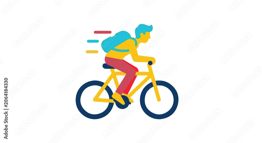 Fototapeta premium Young adult riding bicycle with backpack outdoors in motion, urban commute lifestyle