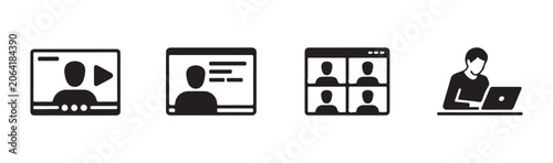 Video conference icons for webinar group meeting online training and remote teamwork presentation.