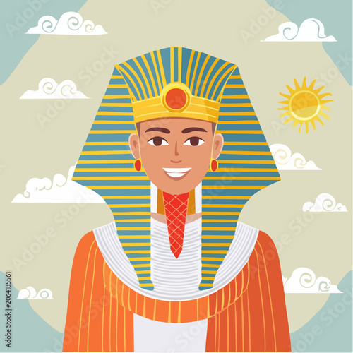 Pharaoh in Traditional Headdress with Sun and Clouds