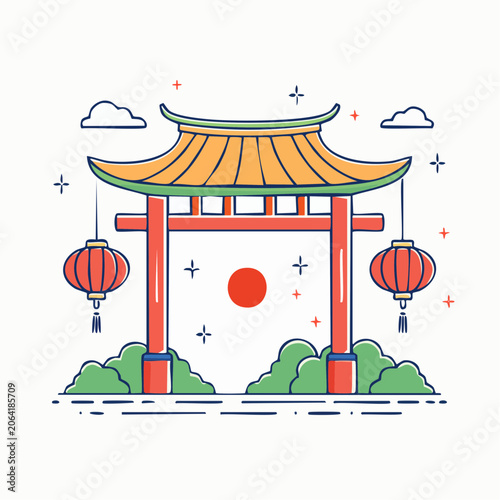 Traditional Japanese Torii Gate with Lanterns and Clouds
