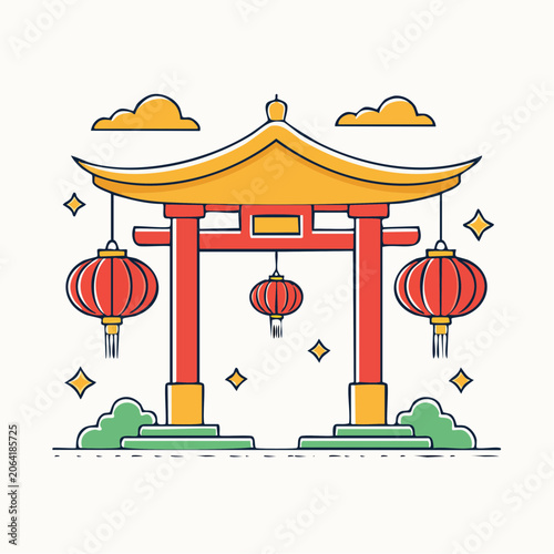 Traditional Japanese Torii Gate with Red Lanterns and Clouds