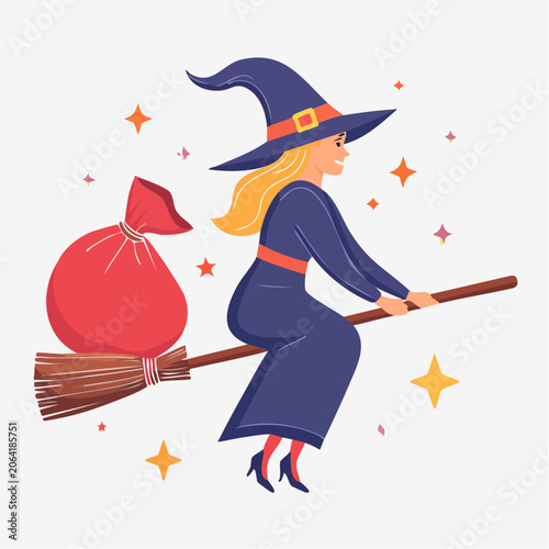 Witch Flying on Broomstick with Red Bag and Stars