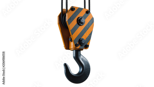 Fotografie Heavy duty crane hook with orange and gray striped pulley block
