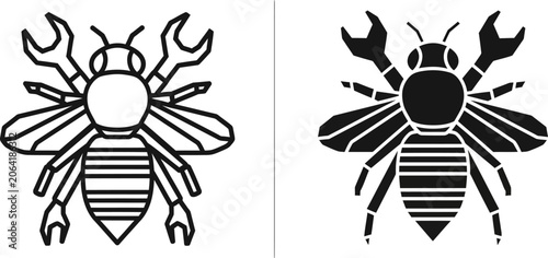 Obraz na płótnie Stylized bee with wrench arms in silhouette and outline styles on white backgrou
