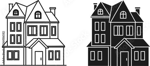 Two houses in line art and silhouette style on white background