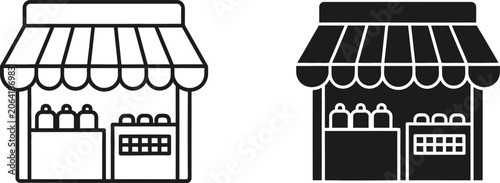 Fotografía Market stall with awning and produce in silhouette on white background