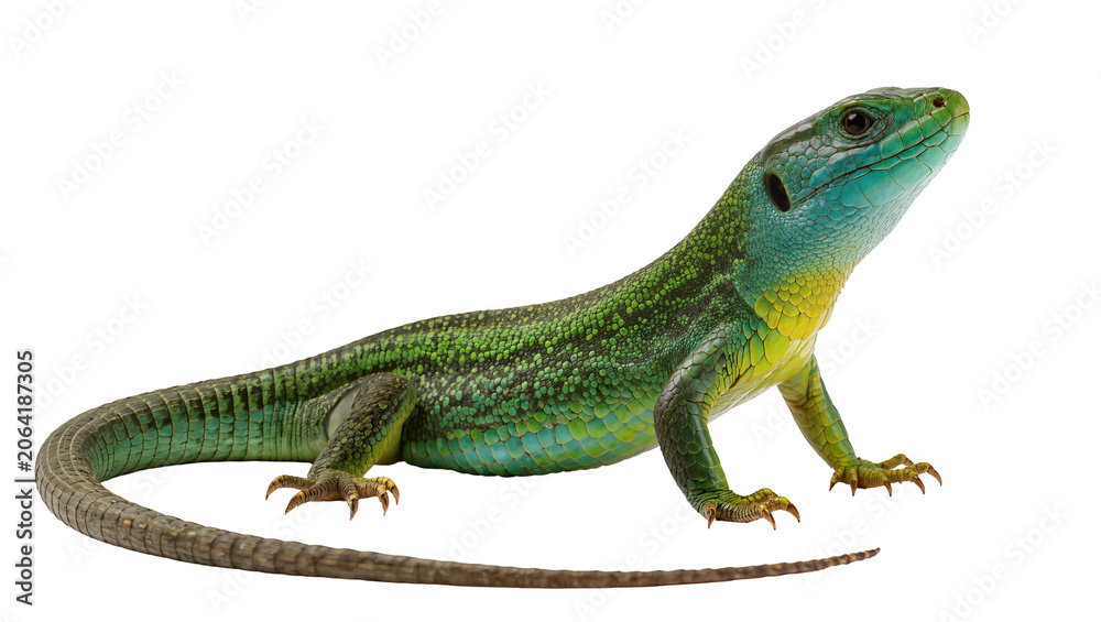 Fototapeta premium Green and blue lizard with yellow throat and scaly skin