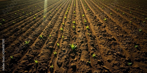 Rows of vibrant young seedlings emerge from rich, dark soil, bathed in sunlight.