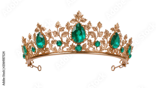 Photos Ornate gold tiara with large pear-shaped emeralds and small round emeralds