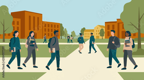 Diverse college students walking on university campus pathways illustration