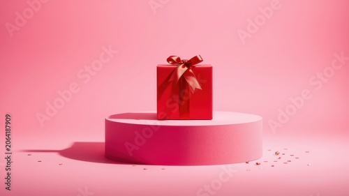 A red gift box with a ribbon sits atop a pink cylindrical pedestal against a pink background, scattered confetti nearby.